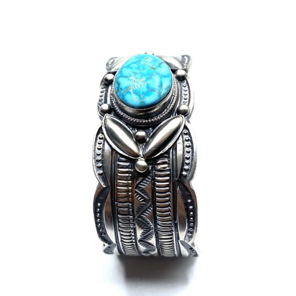 navajo handmade sterling silver kingman turquoise cuff bracelet - Picture 7 of 7